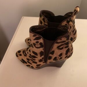 Leopard Print Wedge Ankle Boots - Brown